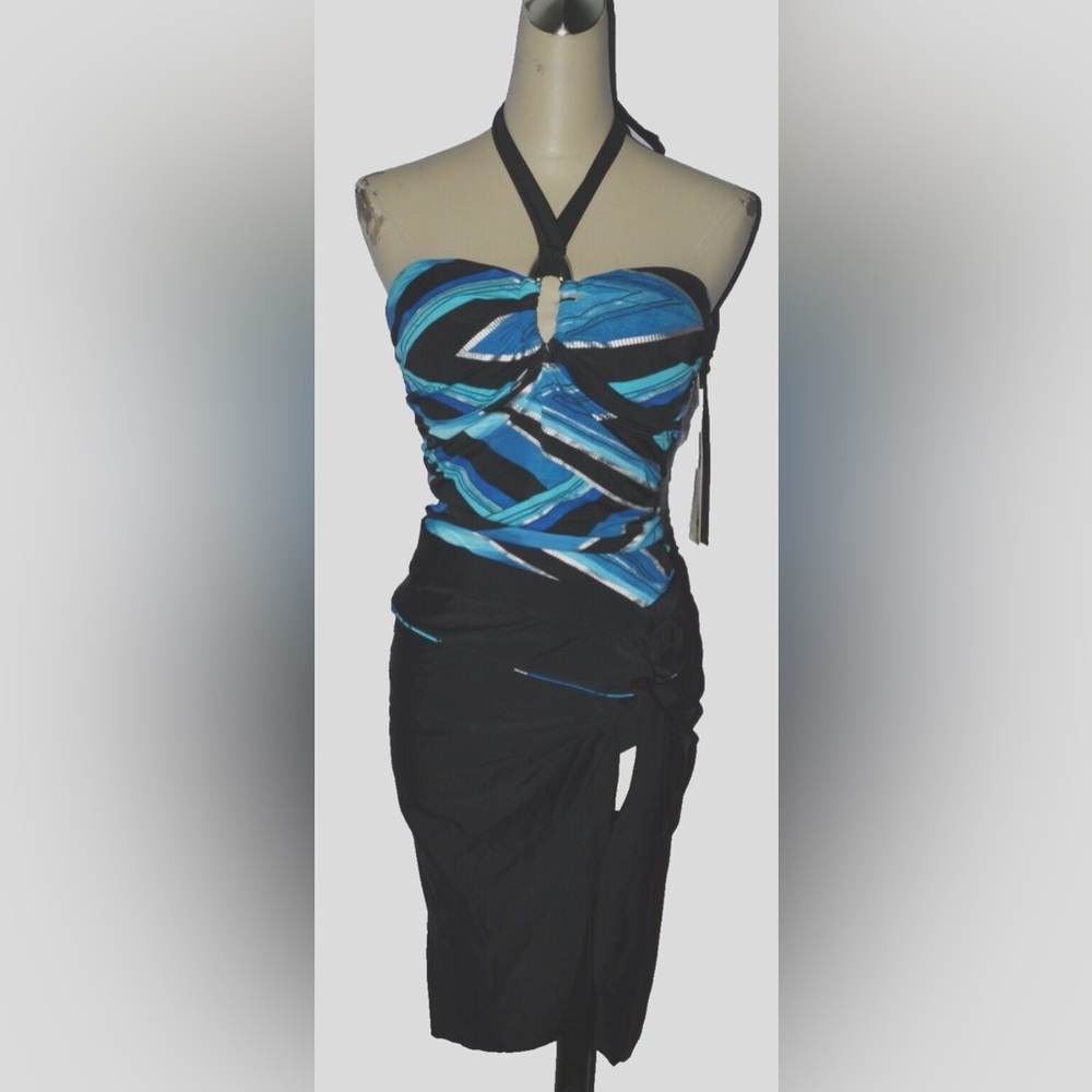 SWIM BY CHUCK HANDY NEW $80 NWT BLACK BLUE SIZE 10 2 PC SET SWIMSUIT SKIRT COVER